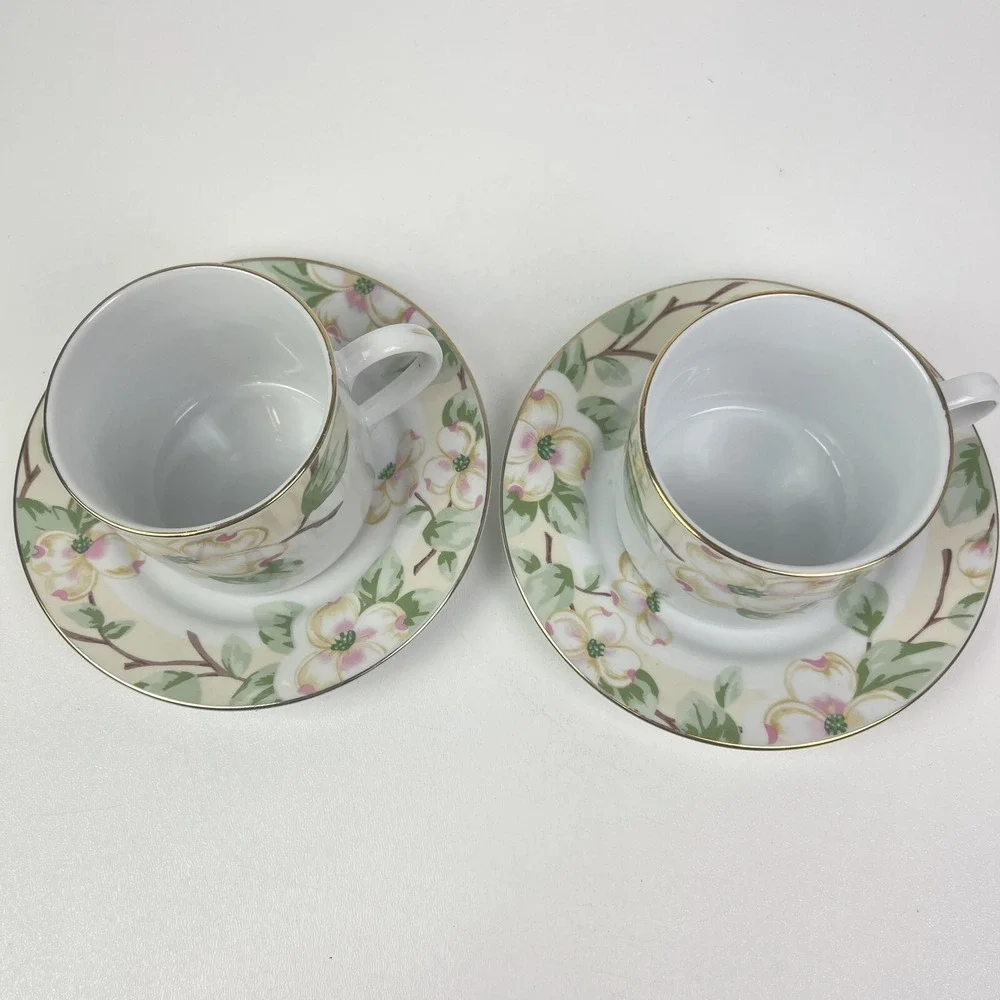 Fairfield Dogwood Fine China Cup and Saucer Set of 2 Green Pink Gold Rimmed